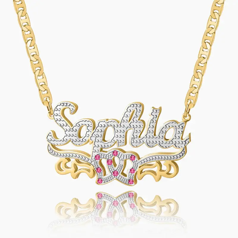 Double Heart Name Necklace with Clip Chain by AUREATE featuring intricate design and elegant gold plating.