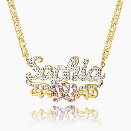 Double Heart Name Necklace with Clip Chain by AUREATE featuring intricate design and elegant gold plating.