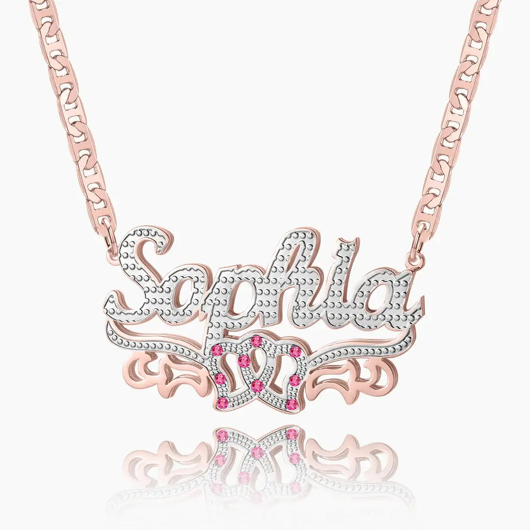 Double Heart Name Necklace with Clip Chain by AUREATE featuring personalized design and pink accents.