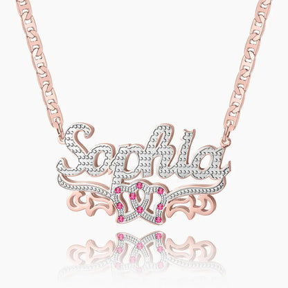 Double Heart Name Necklace with Clip Chain by AUREATE featuring personalized design and pink accents.