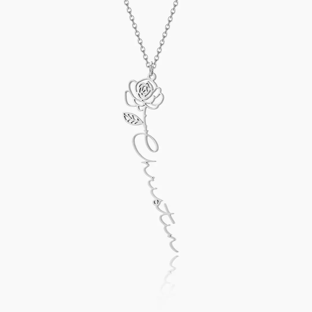 Name Necklace with Birth Flower by AUREATE featuring a personalized rose design and custom name.