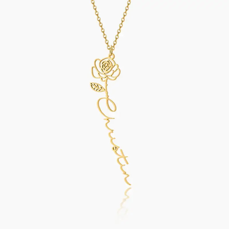 Name Necklace with Birth Flower featuring a custom name and rose design by AUREATE.