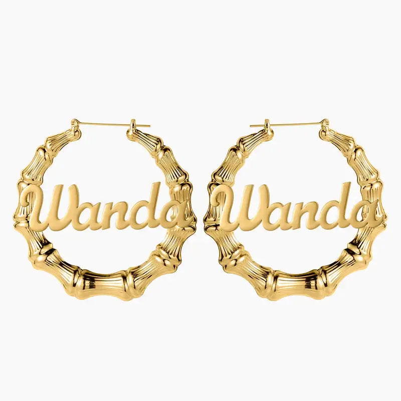 Name Bamboo Hoop Earrings from AUREATE featuring gold bamboo design with personalized name.