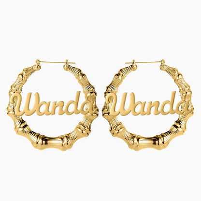 Name Bamboo Hoop Earrings from AUREATE featuring gold bamboo design with personalized name.