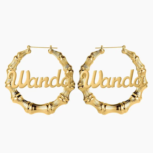 Name Bamboo Hoop Earrings from AUREATE featuring gold bamboo design with personalized name.