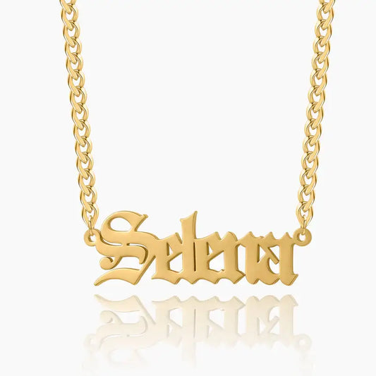 Gothic Name Necklace with Cuban Chain by AUREATE featuring personalized gold name pendant.