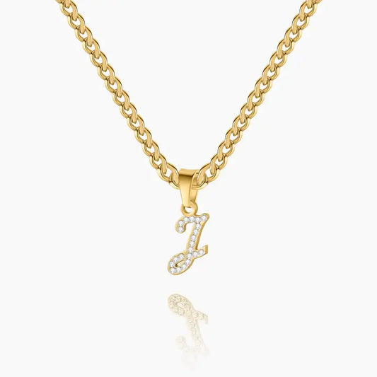 Iced Script Letter Necklace by AUREATE featuring a gold chain with a sparkling crystal initial pendant.