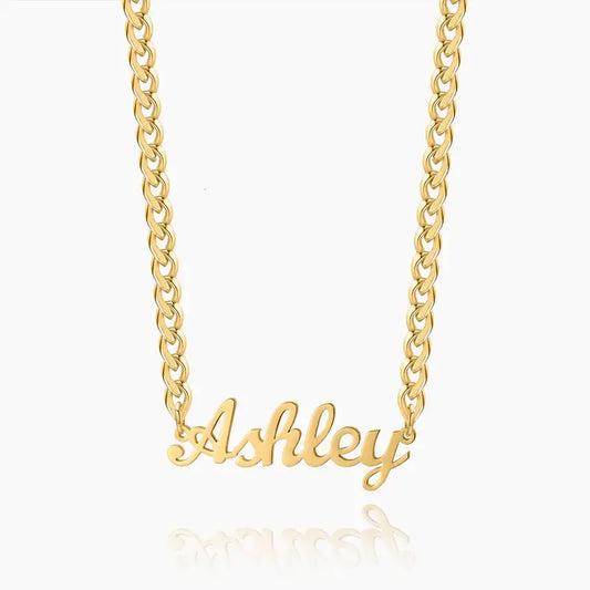 Cuban Chain Name Necklace by AUREATE featuring a gold link design with the name Ashley.