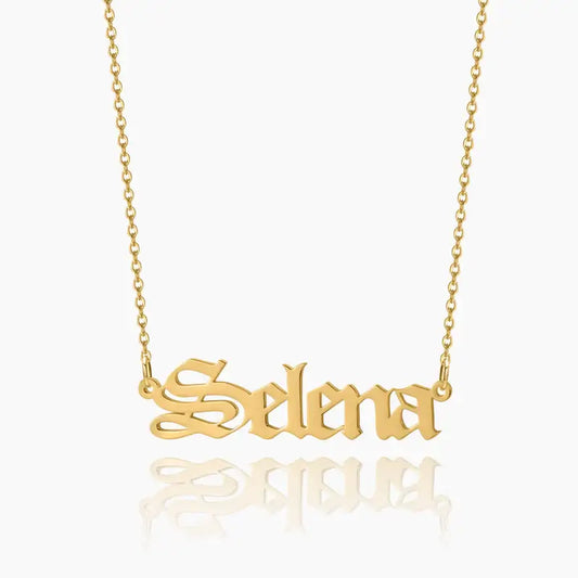 Gothic Style Name Necklace by AUREATE featuring personalized name 'Selena' in elegant Old English font.
