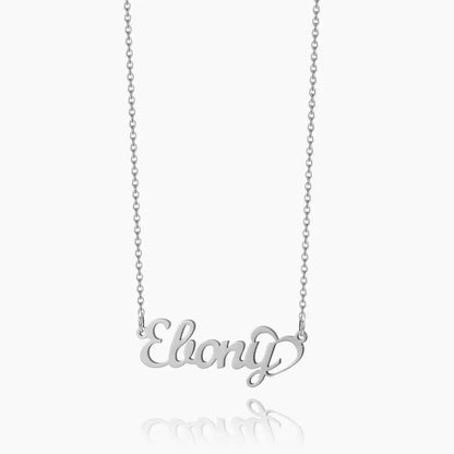 Crescent Heart Personalised Name Necklace by AUREATE featuring a silver name pendant that says 'Ebony'.
