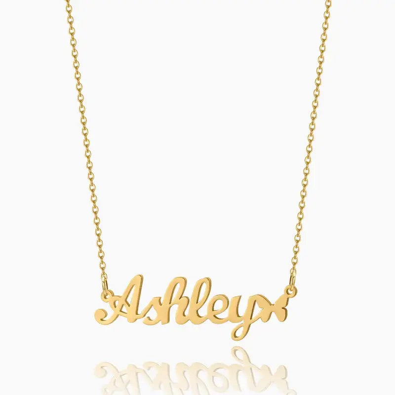Butterfly Personalised Name Necklace by AUREATE with the name 'Ashley' in elegant gold lettering.