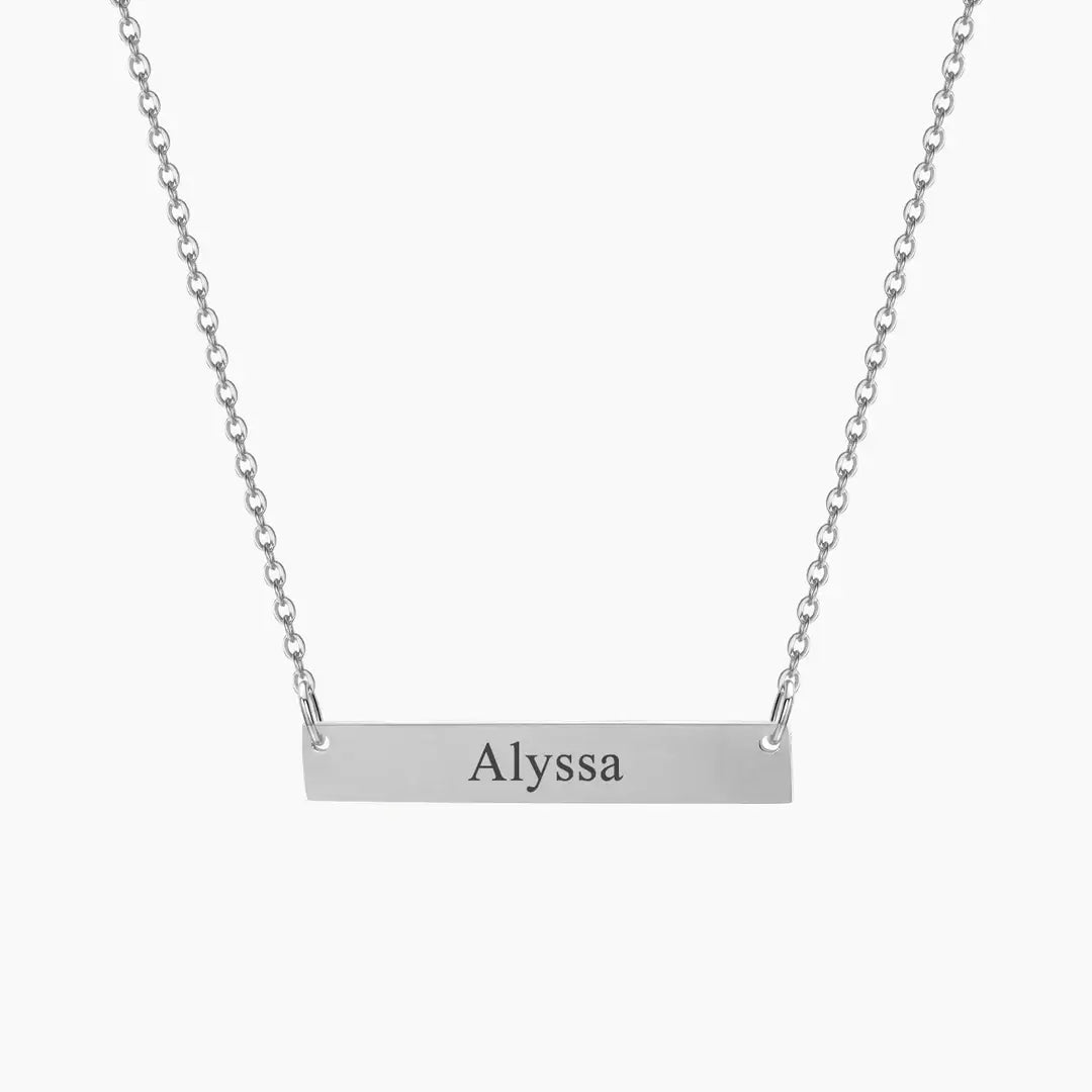 Bar Necklace with Engraving by AUREATE featuring a personal name engraving 'Alyssa' on a sleek design.