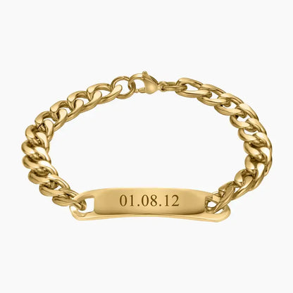 Cuban Link Bar Bracelet with Engraving by AUREATE, featuring a personalized date engraving on a gold chain.
