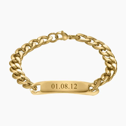 Cuban Link Bar Bracelet with Engraving by AUREATE, featuring a personalized date engraving on a gold chain.