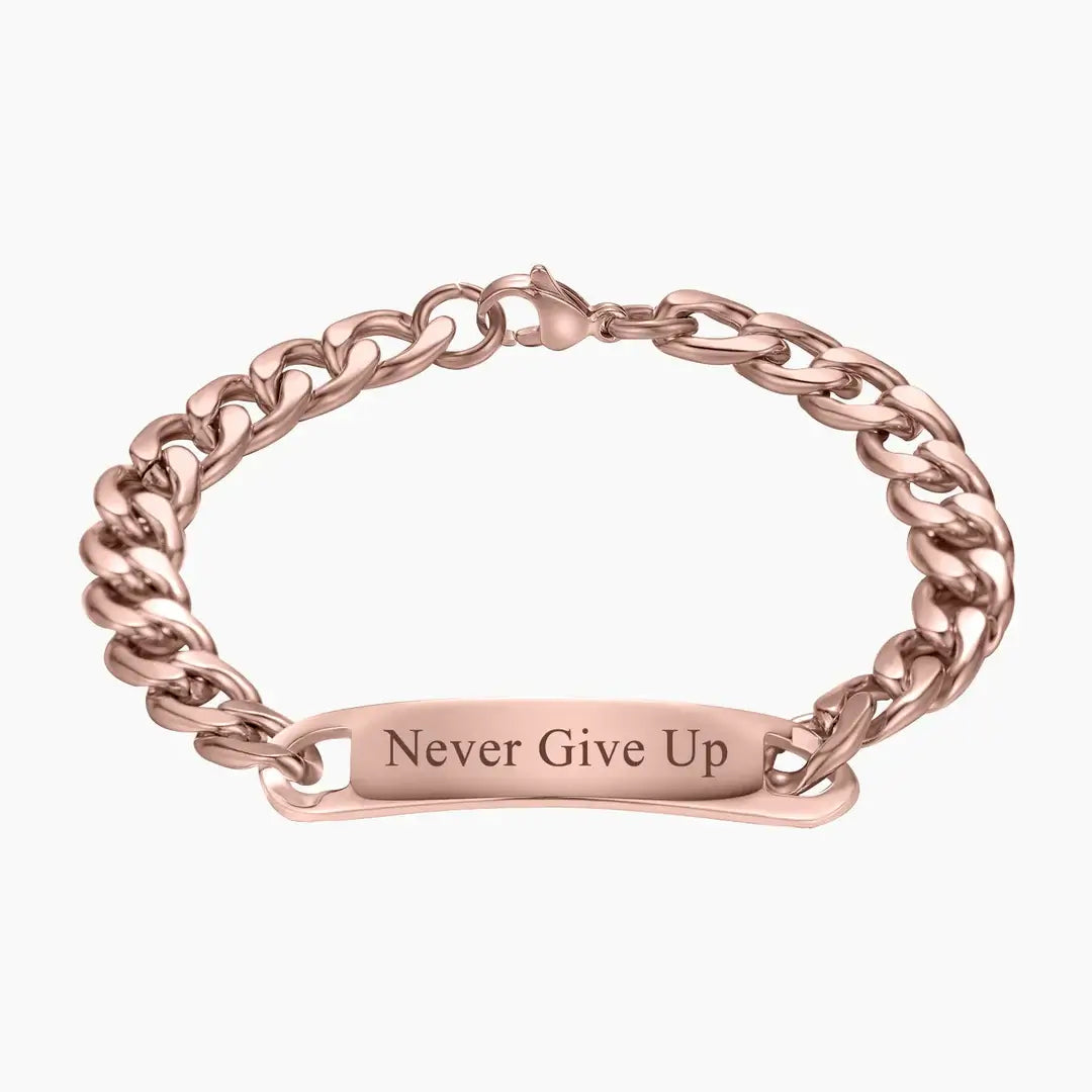 Cuban Link Bar Bracelet with Engraving by AUREATE, featuring a polished bar with the engraving 'Never Give Up'.