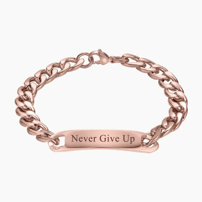 Cuban Link Bar Bracelet with Engraving by AUREATE, featuring a polished bar with the engraving 'Never Give Up'.