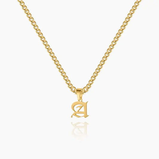 Gothic Letter Necklace with Cuban Chain by AUREATE featuring a golden initial pendant.