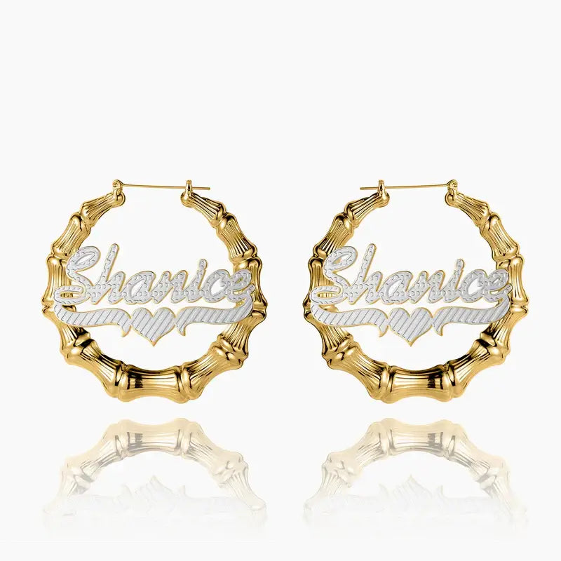 Double Plated Bamboo Name Hoops by AUREATE featuring custom name design in gold.