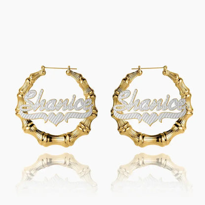 Double Plated Bamboo Name Hoops by AUREATE featuring custom name design in gold.