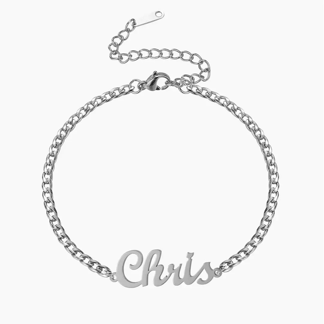 Name Bracelet with Cuban Chain in silver featuring the name 'Chris', by AUREATE.