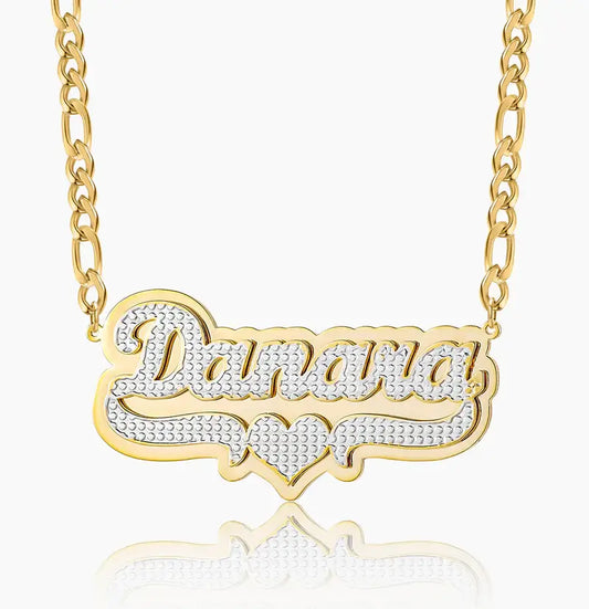 Pop-Out Heart Name Necklace with Figaro Chain by AUREATE in gold and silver plating, personalized with name design.