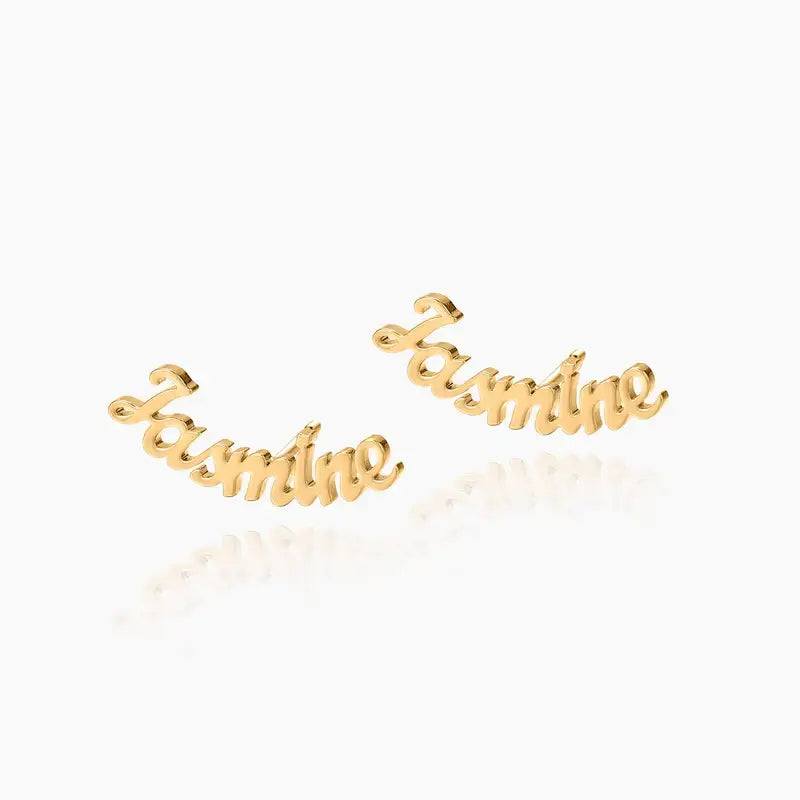 Name Letter Stud Earrings in gold featuring the name Jasmine, from AUREATE brand, perfect for personalized jewelry.