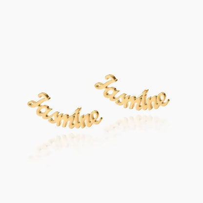 Name Letter Stud Earrings in gold featuring the name Jasmine, from AUREATE brand, perfect for personalized jewelry.