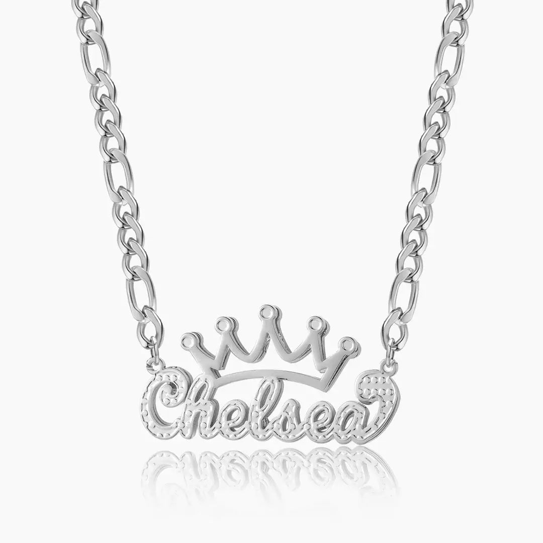 Double Plated Crown Name Necklace with Figaro Chain by AUREATE featuring a silver crown and personalized name.