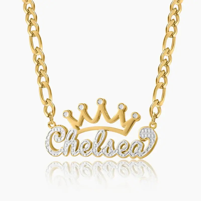 Double Plated Crown Name Necklace with Figaro Chain by AUREATE - personalized crown jewelry design.