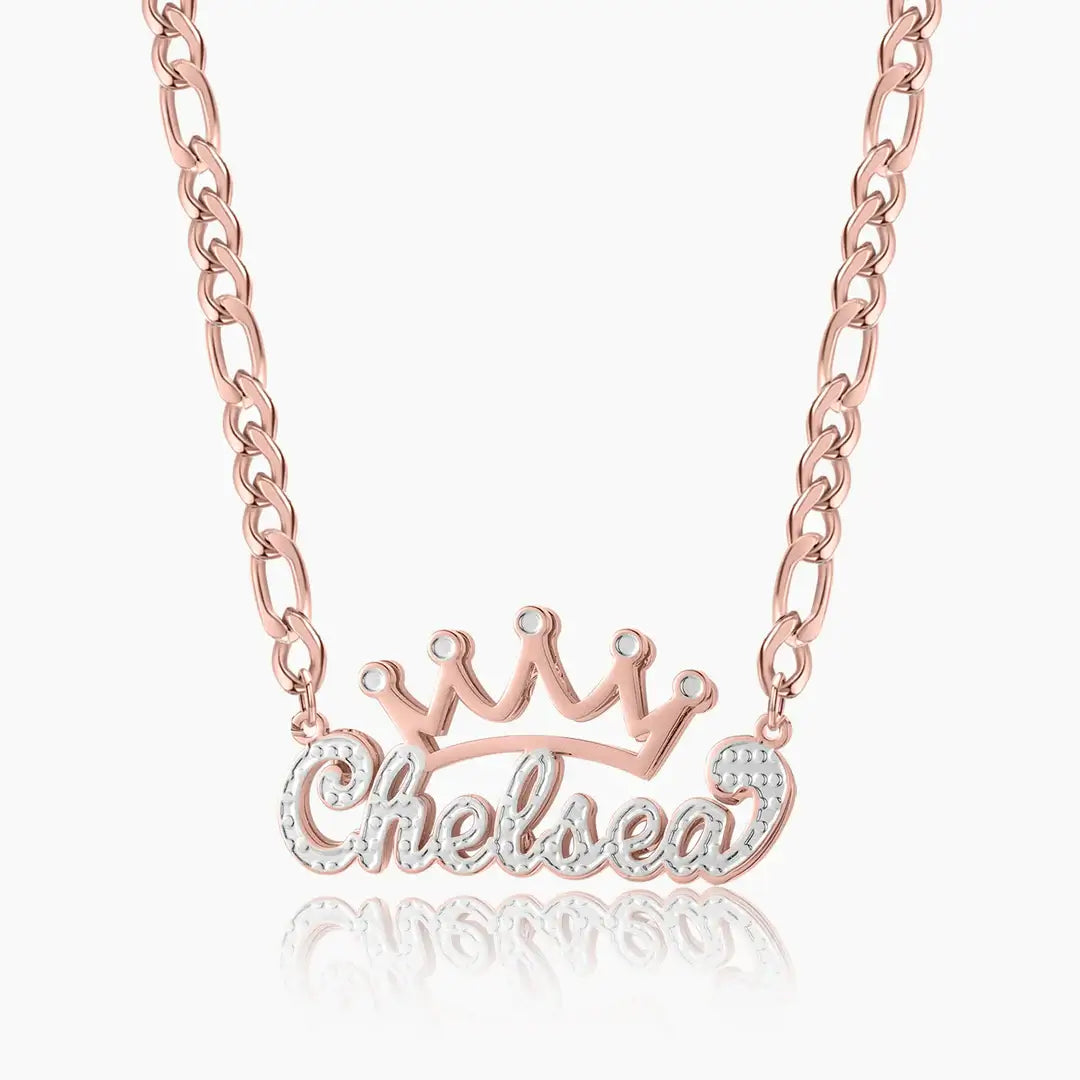 Double Plated Crown Name Necklace with Figaro Chain by AUREATE featuring personalized name and crown design.