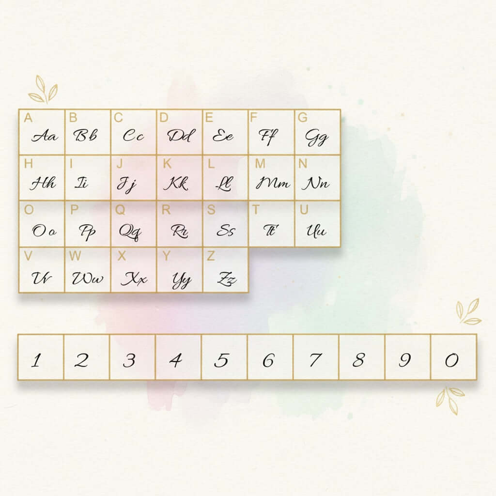 AUREATE Multiple Name Necklace design font styling chart with letters and numbers in elegant script.