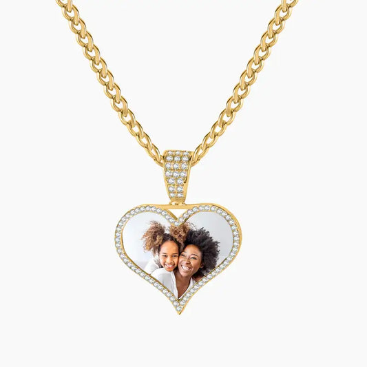 Iced Photo Pendant with Cuban Chain by AUREATE featuring a custom photo heart pendant, elegant and personalized gift.