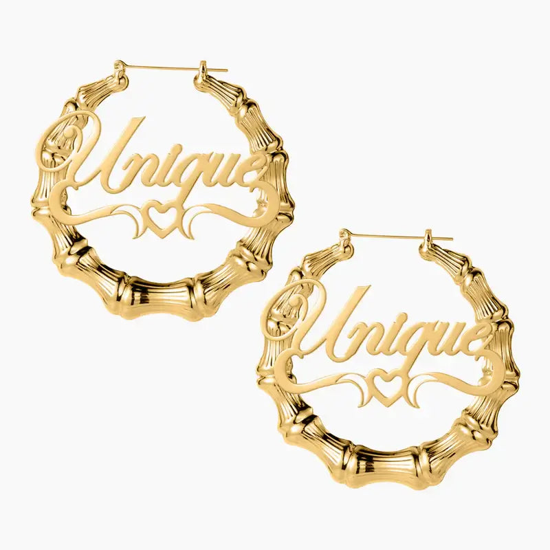 Bamboo Hoop Earrings with Heart Name by AUREATE featuring a unique heart-shaped nameplate in gold.