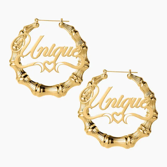 Bamboo Hoop Earrings with Heart Name by AUREATE featuring a unique heart-shaped nameplate in gold.