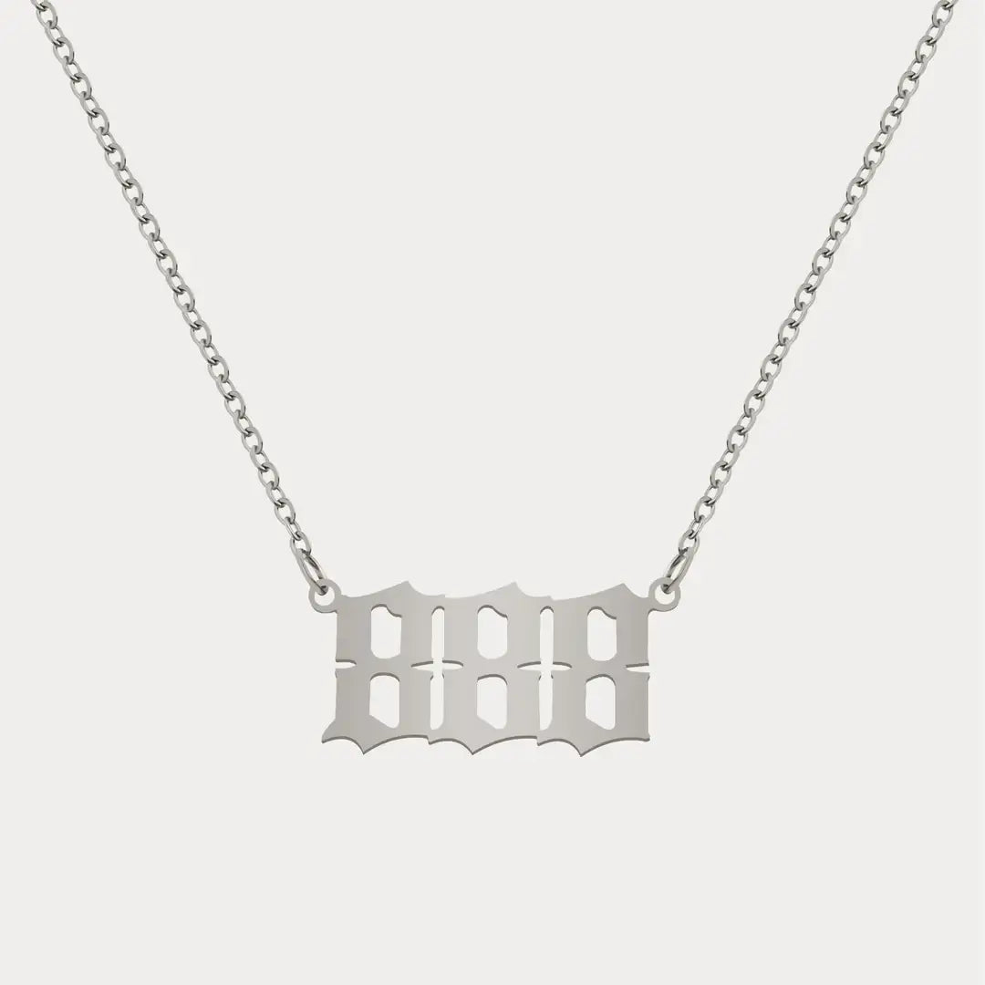 Angel Number Pendant Necklace by AUREATE, featuring a sleek silver design with angel number 888.