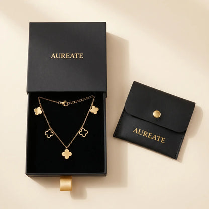 Four leaf clover necklace gold AUREATE gift box leather pouch