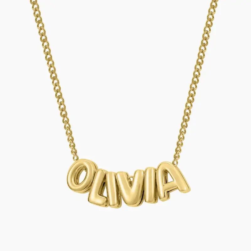 Bubble Style Name Necklace by AUREATE featuring rounded, 3D letters spelling 'OLIVIA' for a playful look.