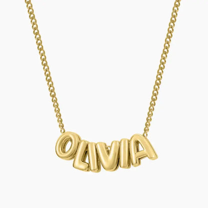 Bubble Style Name Necklace by AUREATE featuring rounded, 3D letters spelling 'OLIVIA' for a playful look.