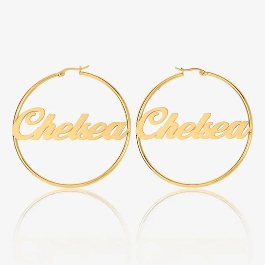 Classic Personalised Name Hoops by AUREATE featuring gold hoops with the name Chelsea.