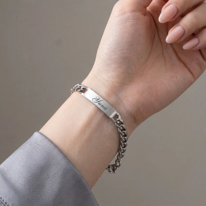Cuban Bar Engraved Bracelet Silver worn close-up at wrist Yuna