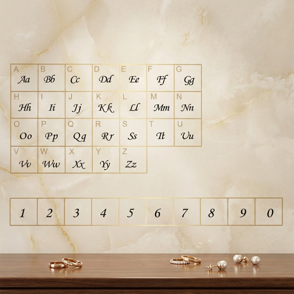 Alphabet chart and number guide displayed on a marble wall with elegant jewelry arranged on a wooden surface.