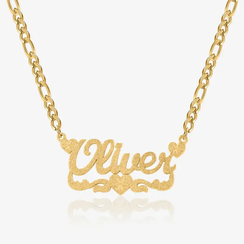 Diamond Cut Heart Name Necklace by AUREATE featuring personalized name 'Oliver' in shimmering gold.