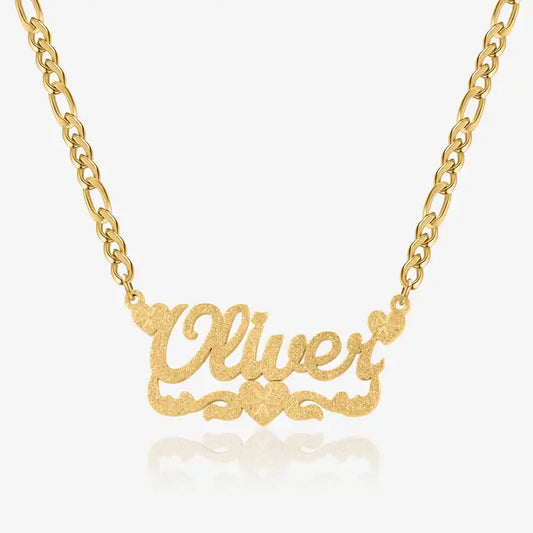 Diamond Cut Heart Name Necklace by AUREATE featuring personalized name 'Oliver' in shimmering gold.