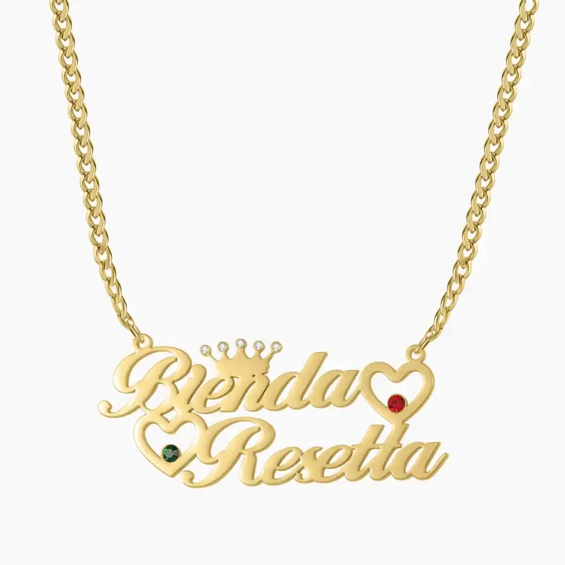 Double Heart Name Necklace with Cuban Chain by AUREATE in gold, personalized with two names and heart accents.