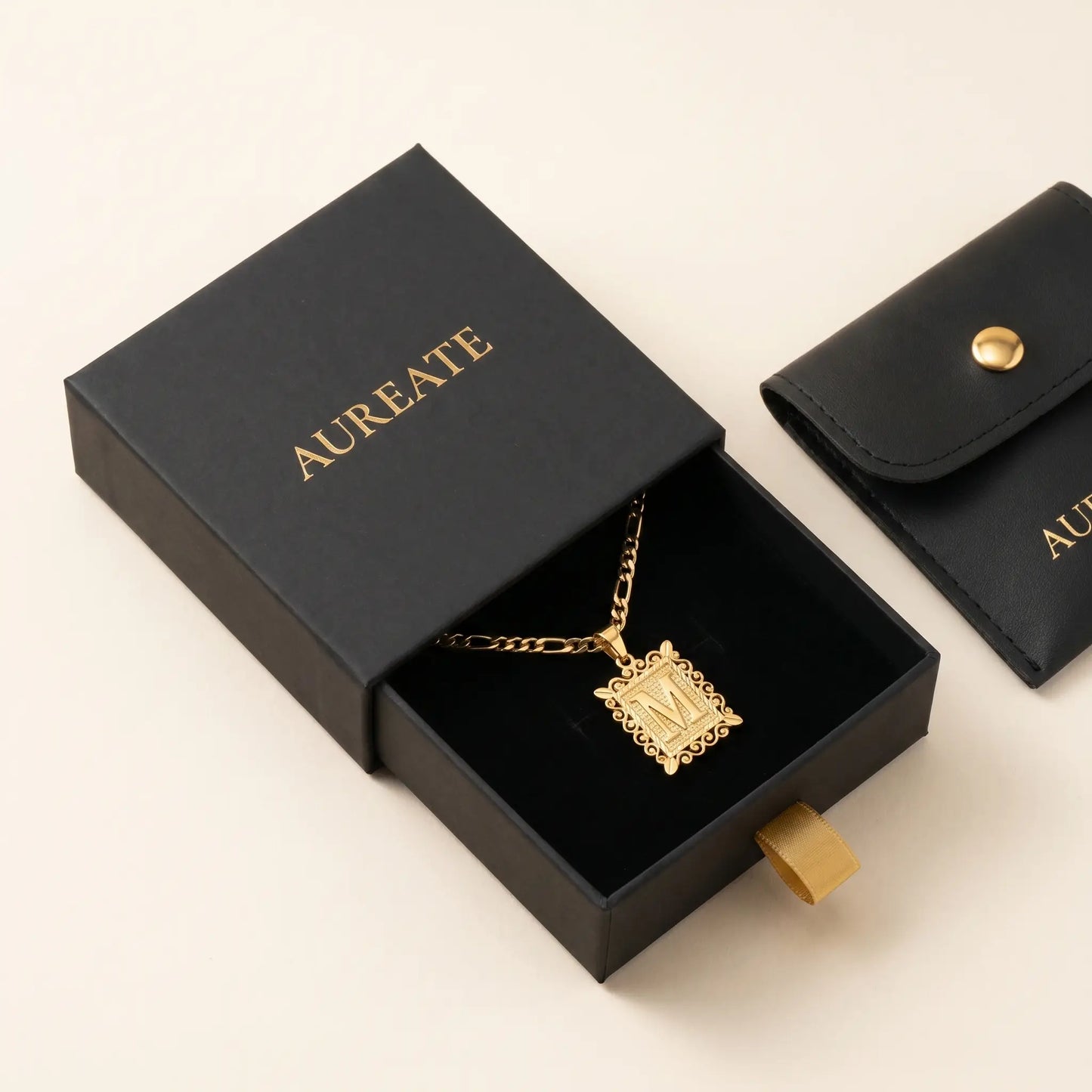 Raised Initial Figaro Pendant 18K gold AUREATE gift box