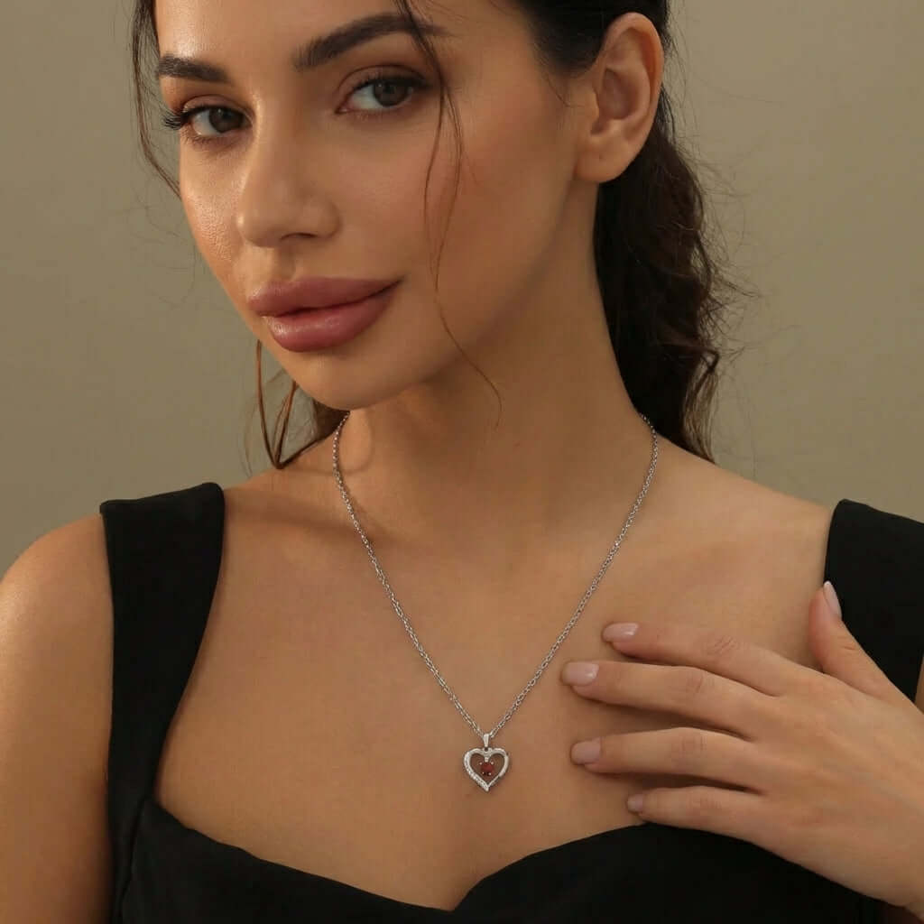 Heart Birthstone Necklace worn by a model, showcasing AUREATE's elegant and meaningful design.