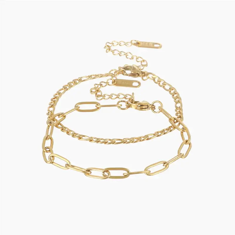 AUREATE Paperclip & Figaro Bracelet Set showcasing elegant gold chain designs, perfect for contrast stacking.
