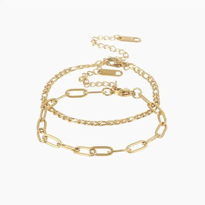 AUREATE Paperclip & Figaro Bracelet Set showcasing elegant gold chain designs, perfect for contrast stacking.