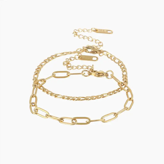AUREATE Paperclip & Figaro Bracelet Set showcasing elegant gold chain designs, perfect for contrast stacking.