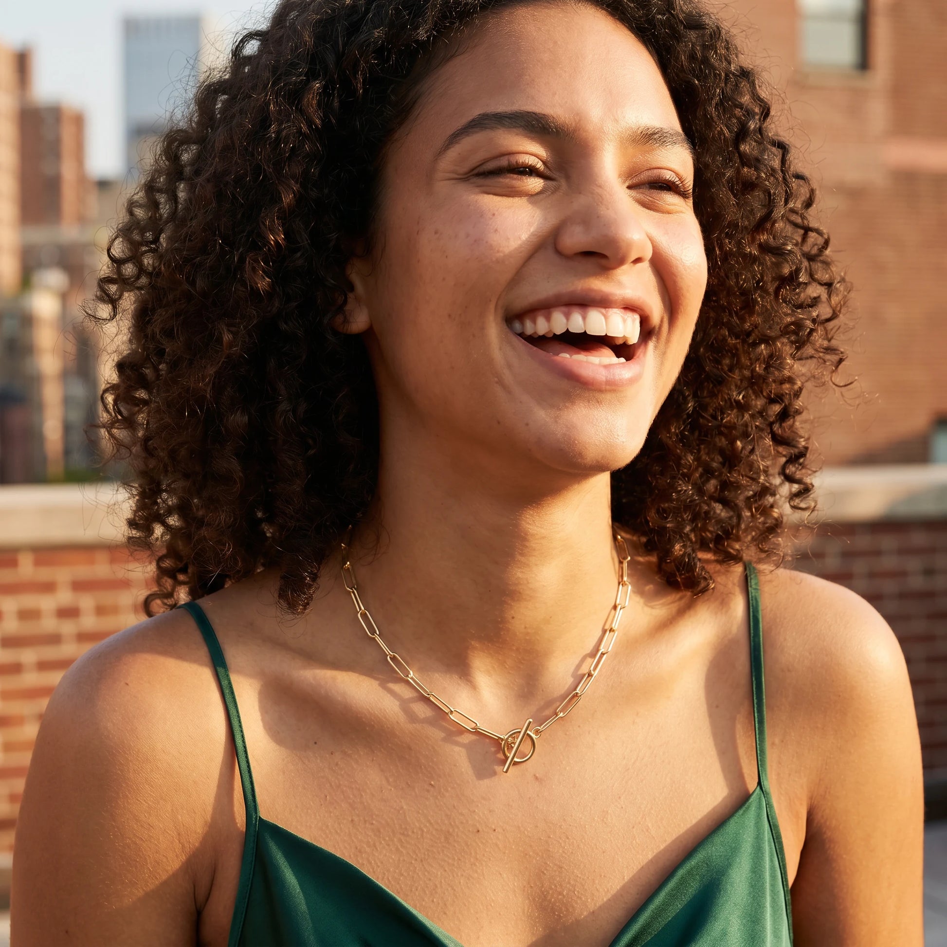 Paperclip toggle necklace gold joy laugh rooftop golden hour